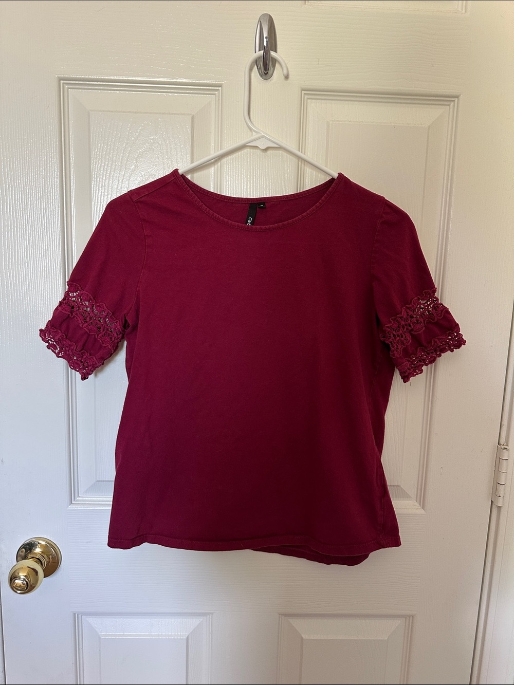 Maroon Red T-Shirt Style Blouse with Crochet Details